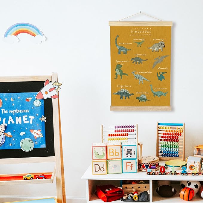 BCUANGD Dinosaur Dino Wall Decor - Yellow Baby Toddler Boys Room Wall Art Poster Hanger with Wood Frames, Inspirational Wall Hanging Canvas Decor for Kids Room Nursery Bedroom, 12x16 Inches