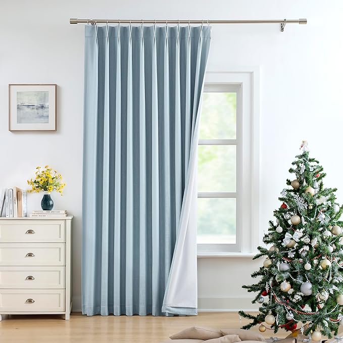 Pinch Pleated Blackout Curtain Panels with Full Blackout Liner Linen Texture Window Treatment Sets with Back Tab for Living Room Bedroom Thermal Insulated Drape with 12 Hooks, 60"x95"x1, Dusty Blue
