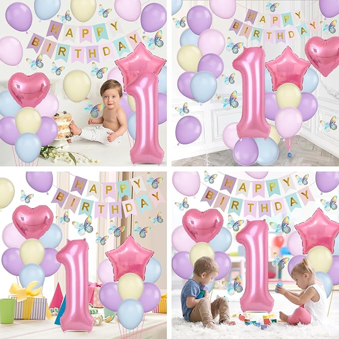 1st Birthday Decoration for Girls, Pastel Macaron 1st Birthday Balloon, Pink Number 1 Balloon with Butterfly Stickers, Star Heart Foil Balloons Banner Set for Baby 1 Year Old Birthday Party Decor
