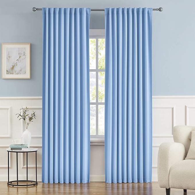 DUALIFE Light Sky Blue Curtains Room Darkening Curtains, Rod Pocket and Back Tab Thermal Insulated Drapes 52x90 Inch, 2 Panels