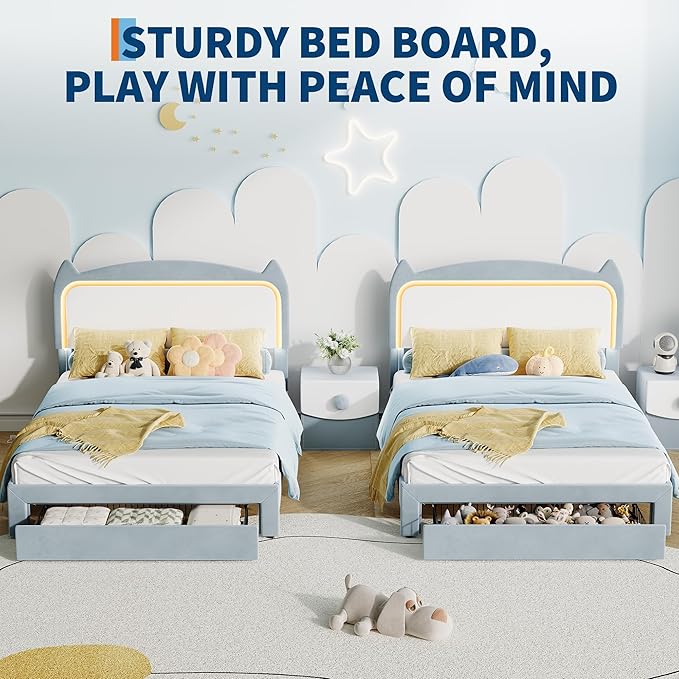 Garvee Full Upholstered LED Bed Frame with Storage Drawer & Cute Cat Headboard, Velvet Princess Platform Bed Frame with Sturdy Wood Slats Support for Girls/Kids, No Box Spring Needed, Blue
