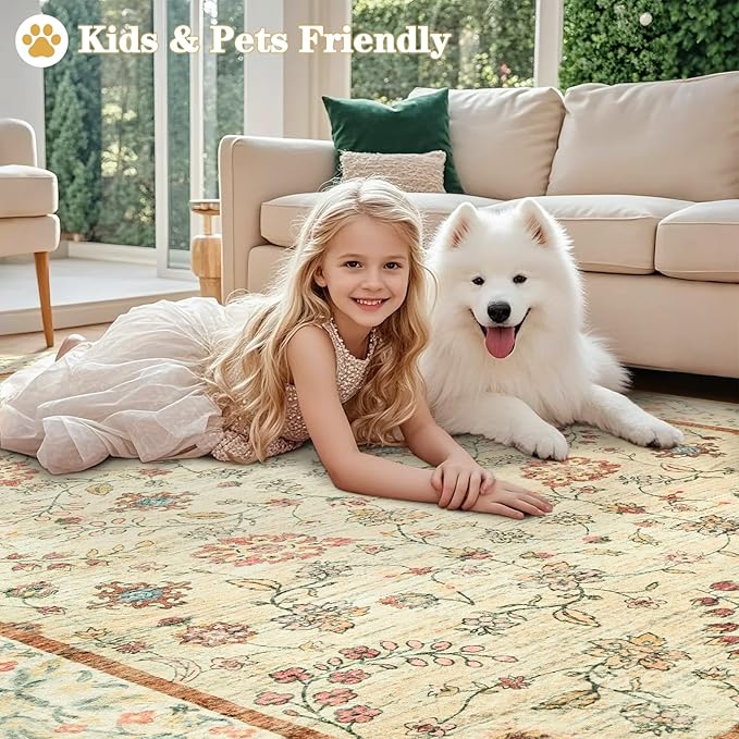 6x9 Rugs for Living Room, Beige Washable Floral Area Rug for Bedroom, Soft Non Slip Indoor Low Pile Carpet for Kitchen Dining Room, Large Boho Throw Carpets for Kids Nursery Office Dorm Home Decor