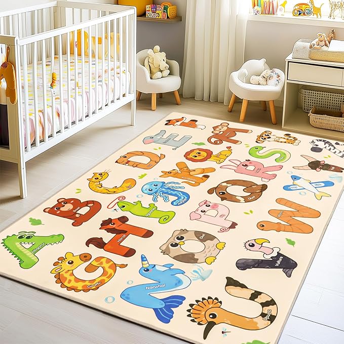 Kids Rugs for Playroom, 3x4 Feet Educational Rug for Learn The ABC Alphabet, Soft Machine Washable Non-Slip Cute Animal Carpet for Classroom Toddler Nursery Kids Room Decor Mat, Beige