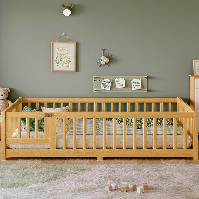 Bellemave Full Size Montessori Floor Bed Frame with Rails & Door, Solid Wood Kids Floor Bed Full with Removable Slats, Low Profile Montessori Bed for Children’s Sleep & Play, Natural