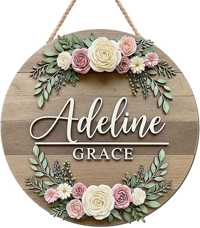 Custom Floral Wooden Name Sign for Girls – Personalized Wooden Name Sign with Roses and Leaves, Newborn Keepsake Gift, Nursery Room Wall Decor