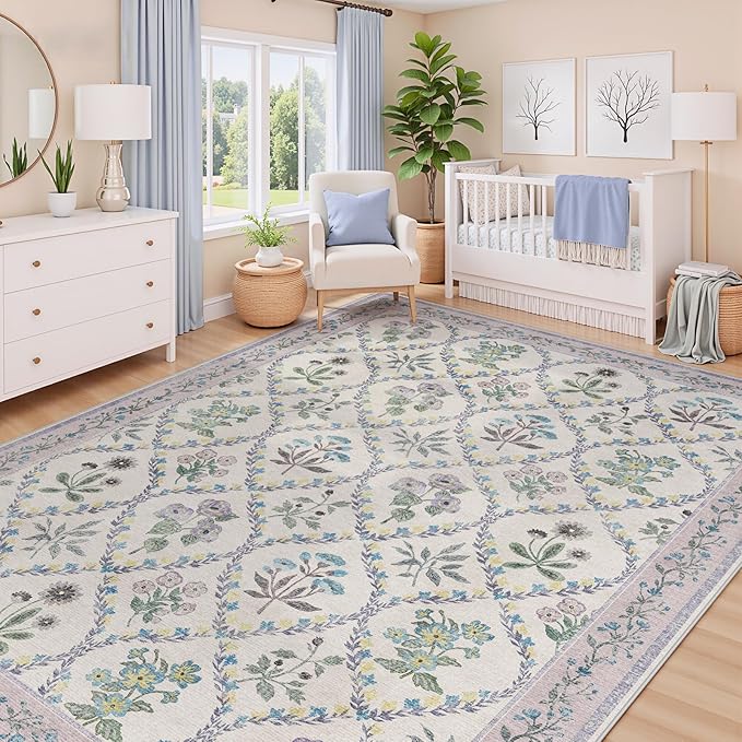 Purple Rugs for Bedroom, Machine Washable Area Rug 6x9 for Floral Nursery Decor, Large Non-Slip Cute Carpet for Baby Kids Bedroom Under Bed, Lounge, Dorm, Living Room Decor, Purple Grey