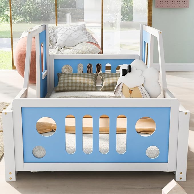Twin Size Car Bed, Wood Floor Bed Frame with Headboard & Footboard and 4 Side Rails, Kids Racecar Bed for Boys Girls Teens, Blue