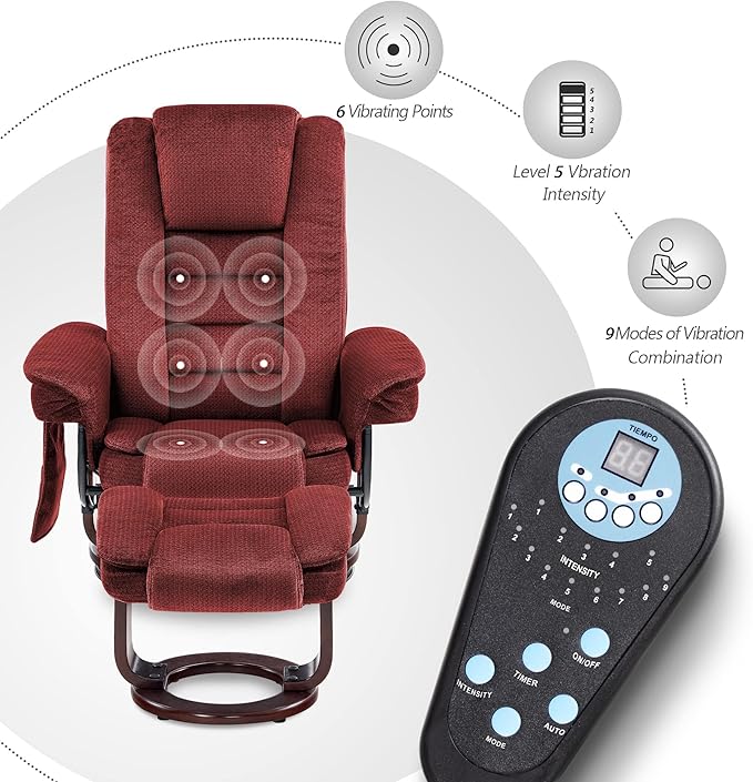 MCombo Swivel Recliner with Ottoman Chair, TV Chair Sets with Vibration Massage, for Small Space Living Room Bedroom 9096 9099 (Textile, Burgundy)