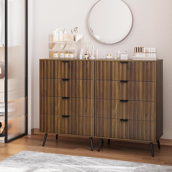 4 Drawer Dresser for Bedroom, Tall Fluted Dresser with Metal Feet, Wooden Storage Organizer Cabinet Chest of Drawer for Closet, Living Room, Hallway,Walnut