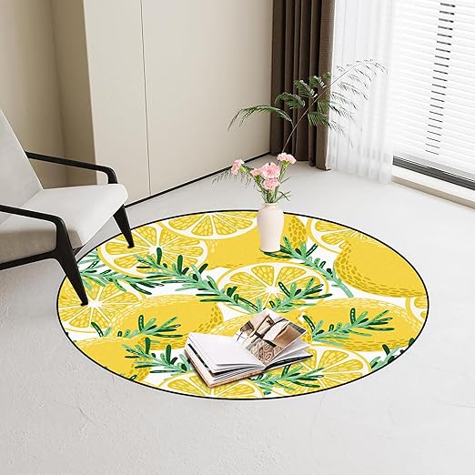 Lemon Round Rug Yellow Circle Rugs for Bedroom Dorm Living Room Lemon Tree Area Rug Floor Mat Pad Doormat Carpet, 4'X4'(120x120cm)