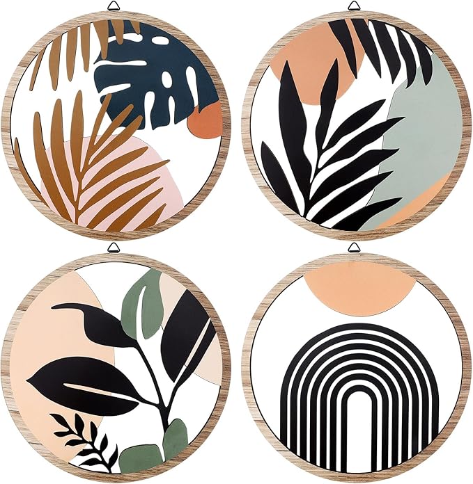 Qunclay 4 Pieces Boho Wall Art Wooden Round Wall Decor Hollow-out Hanging Art Nursery Decor Farmhouse Geometric Hanging 10 Inch Aesthetic Wood Minimalist for Apartment Bedroom Bathroom Gift(Elegant)