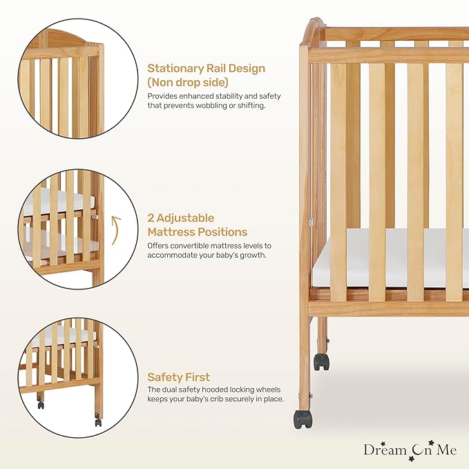 Dream On Me 2-in-1 Folding Portable Compact Mini Baby Crib in Natural, GreenGuard Gold & JPMA, US Patented Flat Folding System, Locking Wheels, 1″ Mattress Pad, Space-Saving Quick Fold Easy Storage