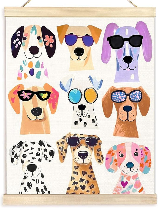 BESERH Colorful Dogs Wall Art Posters, Dog Room Wall Decor, Dog Lover Gifts for Women Men, Trendy Cute Spot Puppy Canvas Prints Artwork Framed for Home Kids Bedroom Nursery, 12x16 Inch