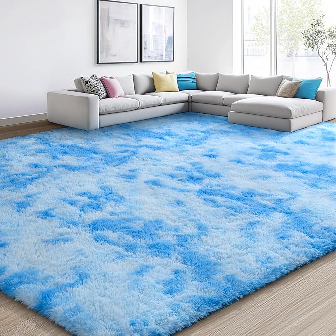 EVOIONOS Area Rug for Living Room Bedroom, Washable 6x9 Fluffy Shag Large Rug, Soft Plush Non Slip Carpet for Indoor Floor Bedside Nursery Kids Girls Room Dorm, Home Decor Aesthetic, Tie-Dyed Blue