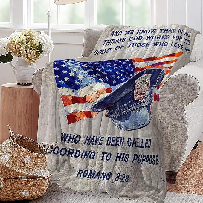 Policeman Blanket Police Officer Throw Blanket Super Soft Flannel Lightweight Fluffy Plush Fuzzy Fleece Police Academy Graduation Blanket Gifts for Man Woman Prayer for Bed Sofa Bedding 40"X50"