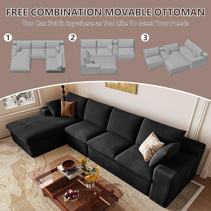 136 Inch Cloud Sectional Couch, Modern Modular Sectional Sofa with Deep Seat, Corduroy Boneless Couches with L-Shape Chaise for Living Room Bedroom, No Assembly Required (Black, Left Facing Chaise)