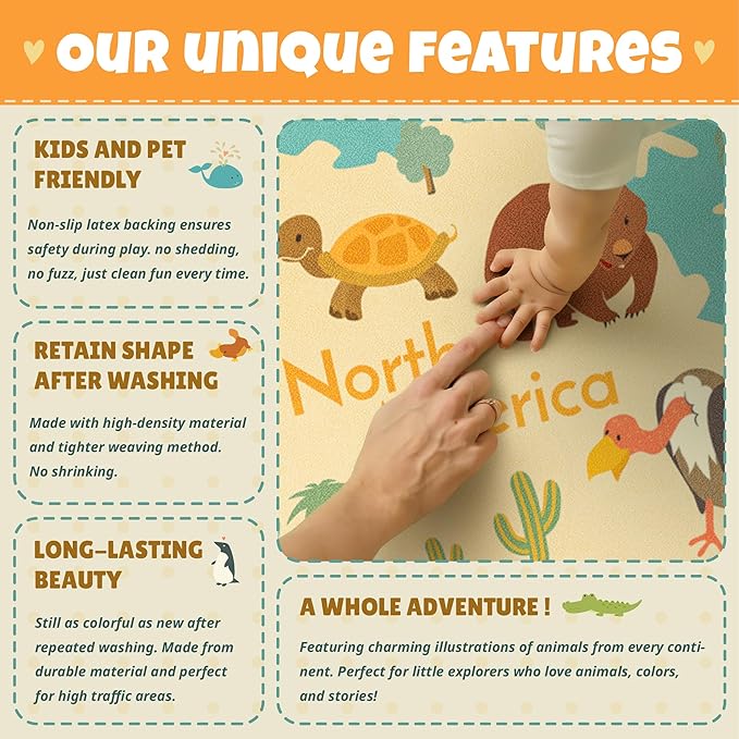 4x6 World Map Kids Rug with Animals – Educational Washable Play Mat for Toddlers, Cute Global Animal, Featuring Continents & Native Wildlife Carpet for Bedroom or Classroom - Blue