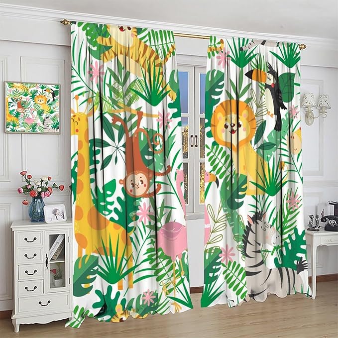 Jungle Animals Curtains Cartoon Cute Lion Giraffe Monkey Zebra Woodland Art Printed for Children Girls Boys Bedroom Nursery Rod Pocket Decoration Window Drapes 2 Panels W42xL84in
