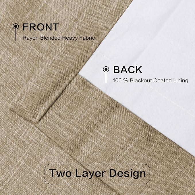 IVAPUPU Sand Pinch Pleated Full Blackout Linen Curtains for Bedroom, Black Out Curtains 95 Inches Long for Living Room Darkening Thermal Insulated Neutral Pleat Drapes with 16 Hooks, 2 Panels