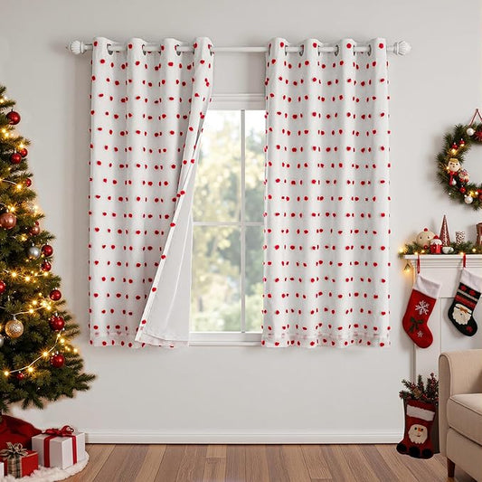 MYSKY HOME Blackout Curtains for Girls Bedroom 63 Inch Long Red Pom Pom Curtains for Kids Room 2 Panels 100% Room Darkening Kitchen Window Treatment 2 Layered Drapes Toddler Grommet 52W x 63L