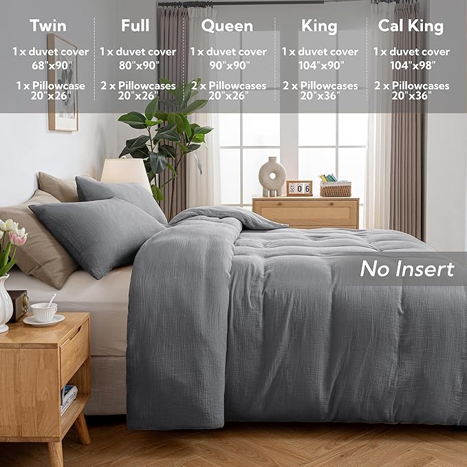 MILDLY Muslin Duvet Cover Full - 100% Washed Cotton Linen Like Gauze Comforter Cover 3 Pieces Breathable & Lightweight for All Season