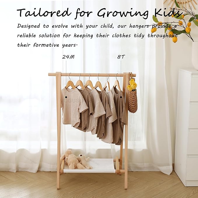 Dress up Rack, Child Garment Rack, Kids Clothing Rack with Storage Shelf (Natural Beech, 29.5" L x 14.5" W x 40" H)
