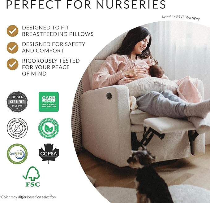 Jaymar Hailey Modern Nursery Glider Recliner Chair (Manual) – Cozy Nursing Chair with 360° Swivel for New Parents, High Back & Low Armrests, Adjustable headrest, Canadian Made (Arlo Heather Pearl)