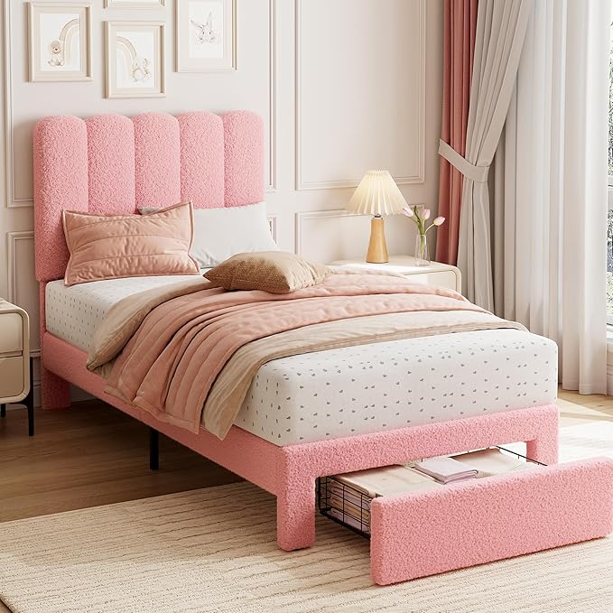 GarveeHome 2 Sets Twin Bed Frame with Under-Bed Drawer, Upholstered Platform Bed with Wave Headboard for Kids/Girls, Wooden Slats Support, No Box Spring Needed, Boucle Pink