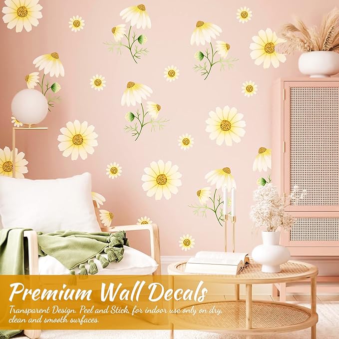 Daisy Flowers Wall Decals Peel and Stick, Vinyl Watercolor Yellow Daisy Floral Wall Stickers Removable, Retro Wall Decor for Nursery Baby Toddler Room Kids Girls Bedroom Playroom