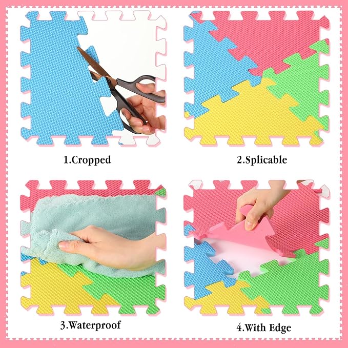 Nuanchu 60 PCS Kids Foam Puzzle Floor Mat Bulk - Solid Color Foam Play Mat with Borders Interlocking Multi Use Floor Rug for Children, 12 Inch(Colorful)