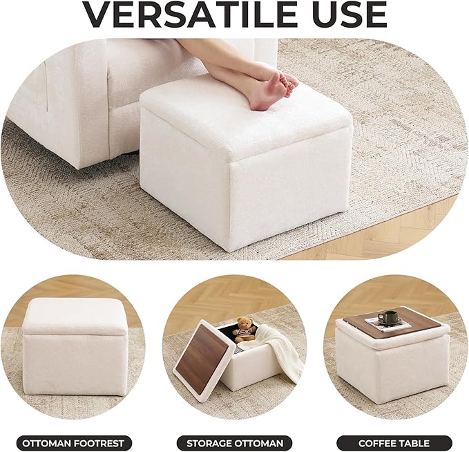 Cube Storage Ottoman, Chenille Ottoman Foot Stools, Ottoman Footstool with Removable Lid, Storage Ottoman for Chair, Multi-Functional Footrest, White