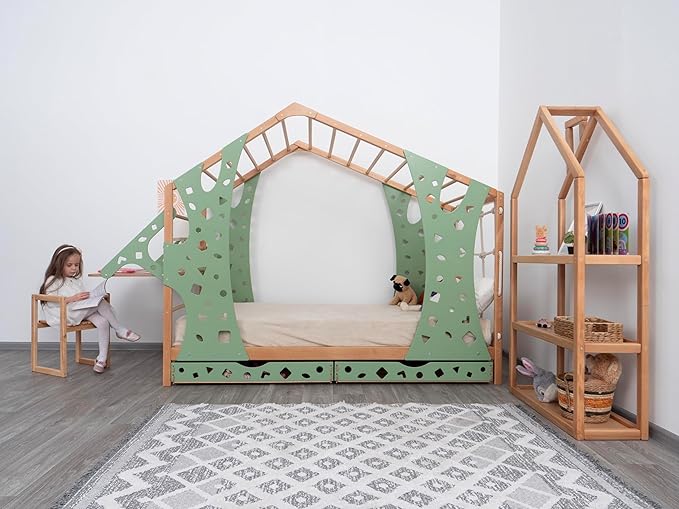 BUSY WOOD Monkey Bed – Twin Frame with Storage & Desk – Montessori Indoor Playground – Jungle Gym Furniture for Kids – Toddler Sleeping Frame with Drawers & Removable Table