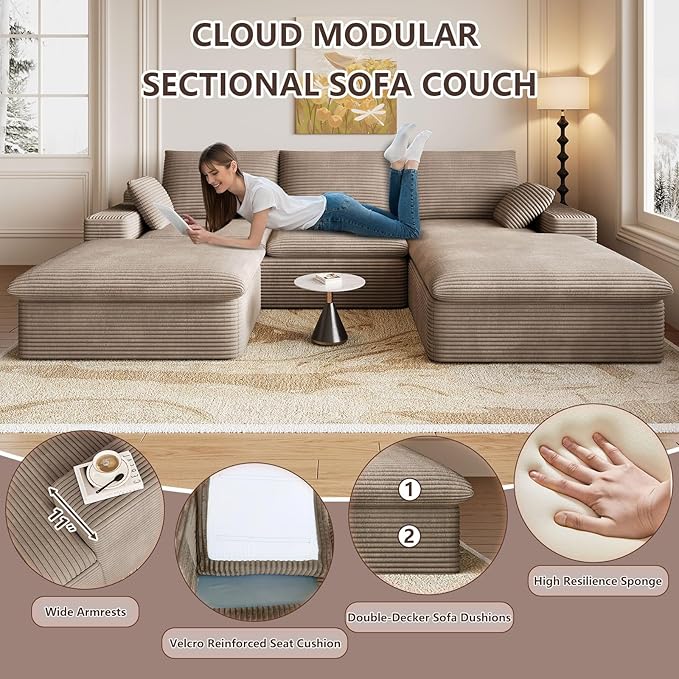 107" Cloud Modular Sectional Sofa with 1 Ottoman, Deep Seat Boneless Couch, Modern Upholstered Corduroy Couches, Comfort U Shaped Sofa for Living Room, No Assembly Required(Camel,Right Facing Chaise)