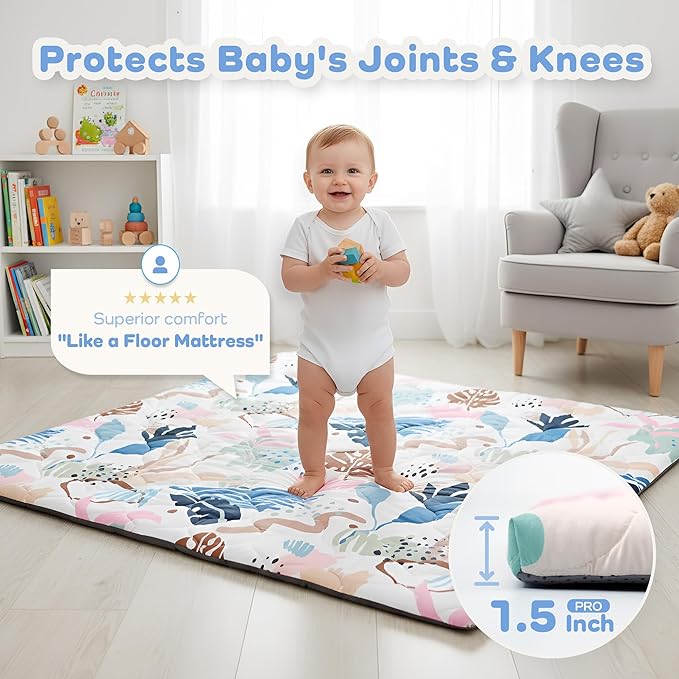 1.5" Thicker Baby Play Mat for Floor, 50x50 Removable & Machine Washable Cover Playpen Mat Softness Foam Mats, Easy-Clean Hygienic, Comfort Safety Kids Crawling (Tummy Time Leaves)