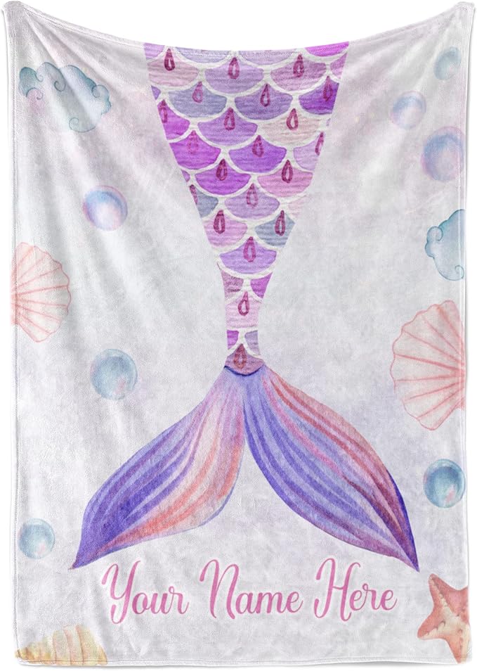 Personalized Blanket for Girls | Custom Mermaid Fleece Throw | Purple Kids Throw | Baby Girl Blanket for Room Décor | Girls Room | Kids Blanket | Mermaids (Fleece – 50x60)