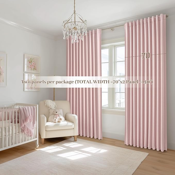 Cute Baby Pink Extra Wide Curtains 70 Inches Wide for Grils Bedroom 2 Panels Set,Heavy Duty Pleated 84 Inch Long Linen Blackout Sliding Door Large Window Thermal Privacy Drapes(70"Wx84"Lx2 BabyPink)