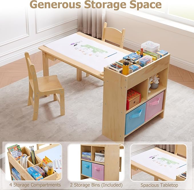 Kids Art Table and 2 Chairs Set, Pine Plywood Toddler Activity Craft Desk with Storage Bins for Drawing, Writing, Reading, Ideal for Nursery, Playrooms & Classroom