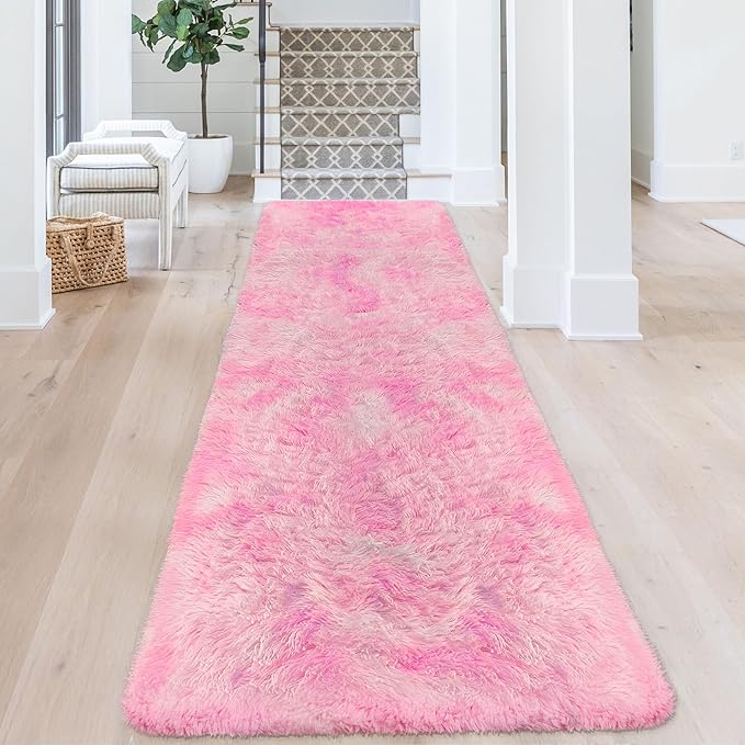 Fluffy Pink Shag Rug for Bedroom Girls 3x10 Runner Rug, Soft Pink Fuzzy Rug for Girls Room Bedside Living Room Hallway Plush Long Carpet Runner for Kids Room Nursery