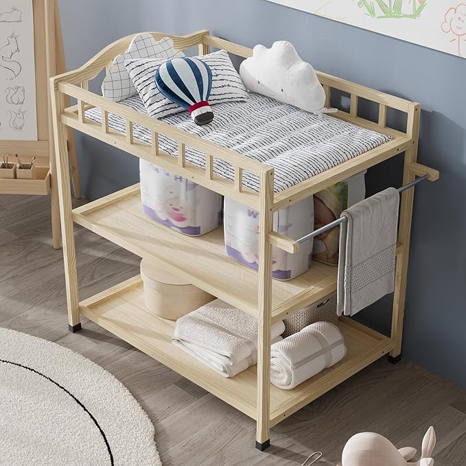 Paintless Pine Wood Baby Changing Table with Storage Shelves, Portable Nursery Diaper Changing Station for Infants, Children's Room, Bedroom, Nursery Changing & Dressing Furniture,Natural