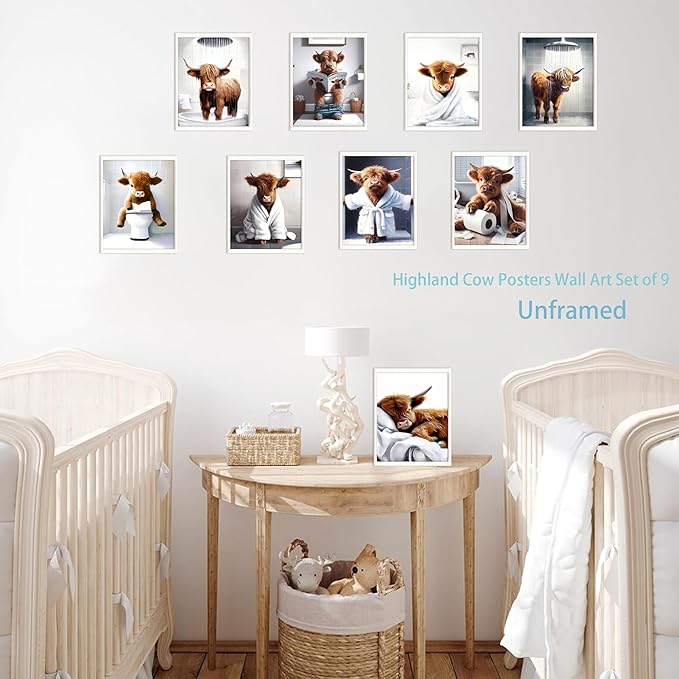 Funny Bathroom Highland Cow Wall Art, Vintage Brown Cow Animal Canvas Posters Prints Home Decor Set of 9, for Farmhouse Kids Bathroom Decoration Restroom Artwork 8x10In Unframed