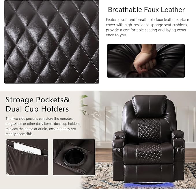 Power Swivel Rocker Recliner Chair with Vibration Massage, 270° Swivel & LED Lights, Electric Glider Reclining Sofa, USB A/C Ports & Storage Pocket for Living Room (1, Brown)