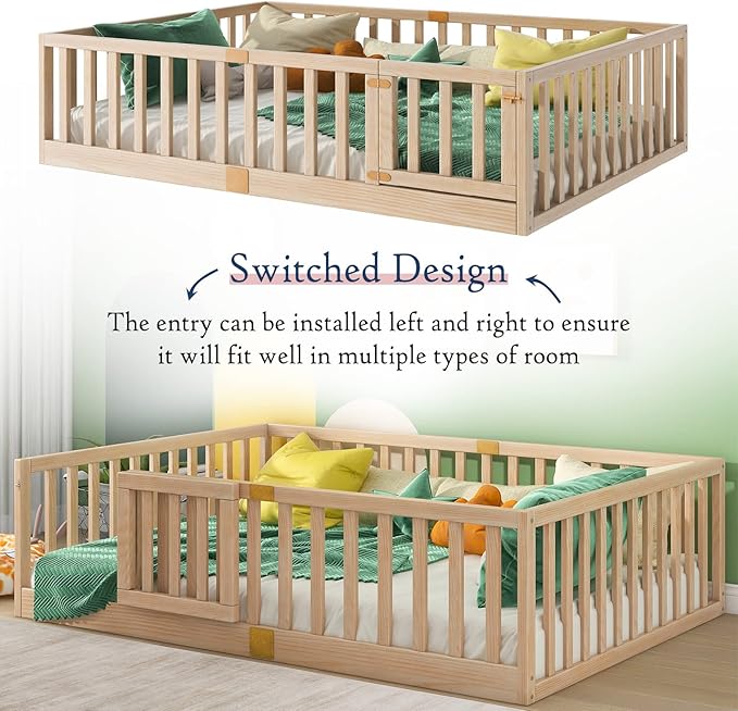 Tatub Full Montessori Floor Bed with High Rails, Solid Wood Montessori Bed Frame for Kids, Door Can Install Left and Right, Full-Nature
