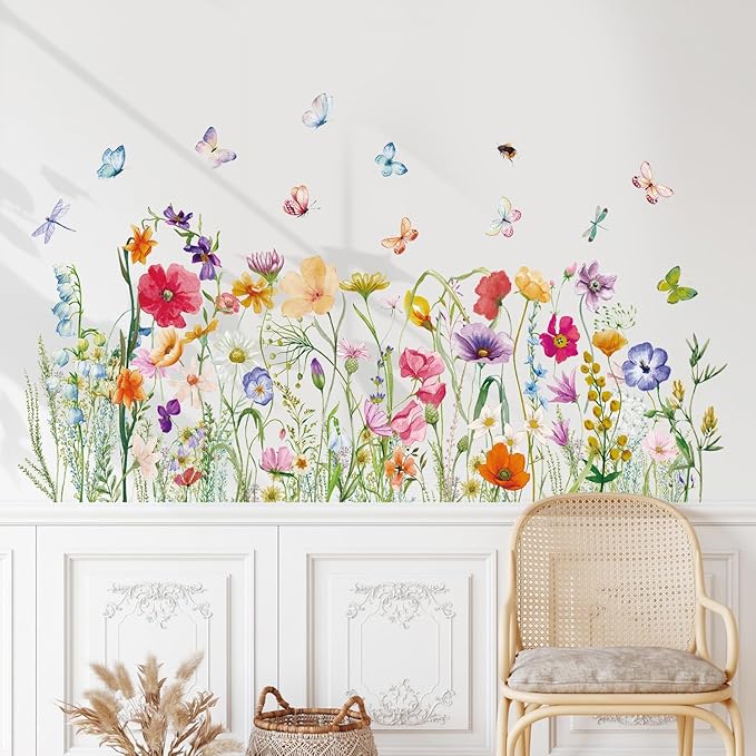 Colorful Flower Wall Sticker Floral Plant Grass Wall Decal Peel and Stick Flowers Butterfly Wall Art Mural Spring Wildflower Wall Sticker Decor for Bedroom Living Room