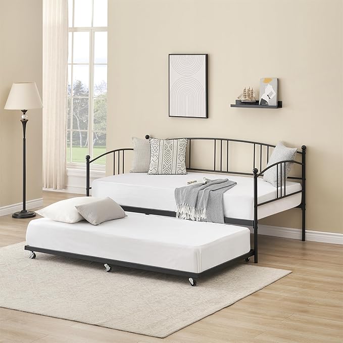 GarveeHome Daybed with Trundle, Sturdy Metal Day Bed with Steel Slat Support, Trundle Bed Twin with Arched Headboard, SofaBed for Living Room, Bedroom and Guest Room, Black