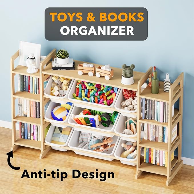 SpaceAid Large Toy Storage Organizer 9 Shelves 9 Bins, Toy Organizers Storage Bookshelf, Kids Bin Shelf Toys Box Bookcase for Bedroom Playroom Organization Room Decor, White