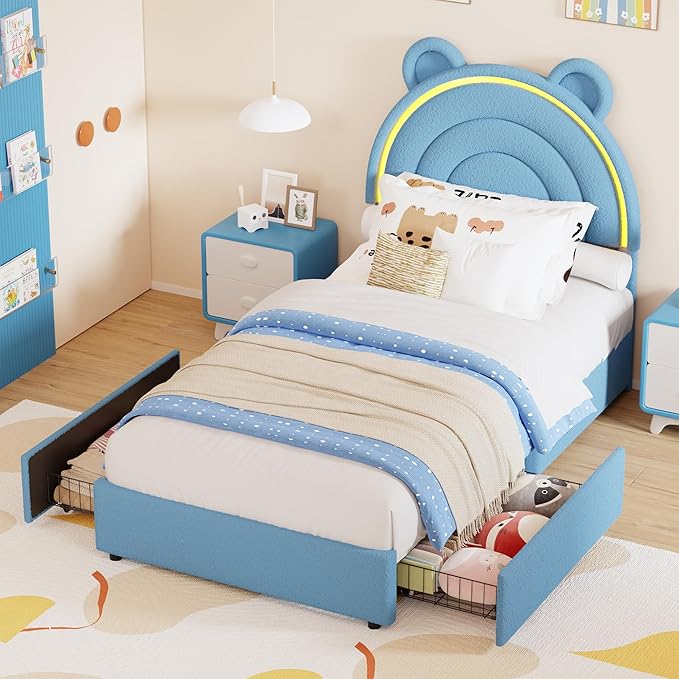 Garvee Twin Size Bed Frame with 4 Storage Drawers & LED Lights, Velvet Upholstered Platform Bed with Rainbow Headboard for Kids/Boys, Solid Wood Slats Support, No Box Spring Needed, Blue