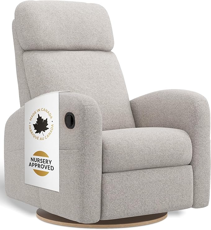 Jaymar Hailey Modern Nursery Glider Recliner Chair (Manual) – Cozy Nursing Chair with 360° Swivel for New Parents, High Back & Low Armrests, Adjustable headrest, Canadian Made (Arlo Heather Pearl)