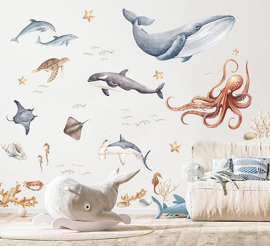 Ocean Wall Stickers & Shark Decals – Fish Stickers and Ocean Wall Stickers for Nursery Baby Kids Bedroom Bathroom, X-Large Set(80″ W × 80″ H) 50 Pcs