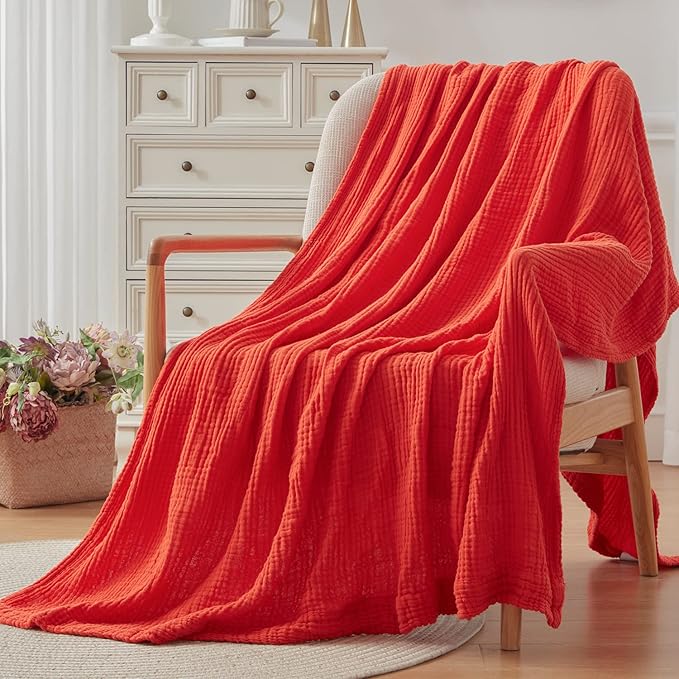 EMME Cotton Twin Blanket - 100% Muslin Soft, Breathable Gauze - All Season, Pre-Washed - Orange Rust, 60"x80"