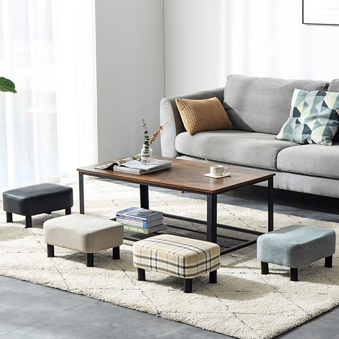IBUYKE 16.54" Small Footstool, Linen Fabric Pouf, with Padded Seat Pine Wood Legs and Padded Rectangular Stool, for Bedroom, Stripe RF-BD215